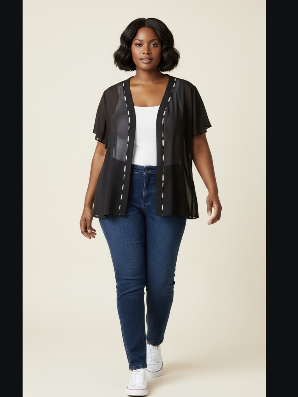 Black Sheer Open-Front Short Sleeve Jacket